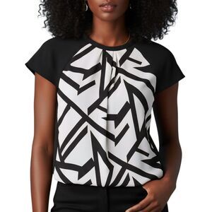 Liz Claiborne Art Deco Black & White Geometric Blouse Cap Sleeve Top Sz S